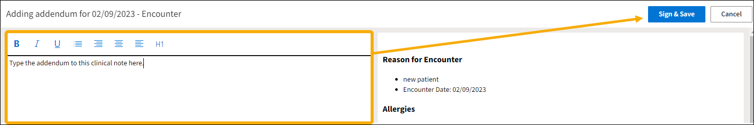 A yellow box around the free text editor with a yellow highlight arrow pointing towards the sign & Save button.